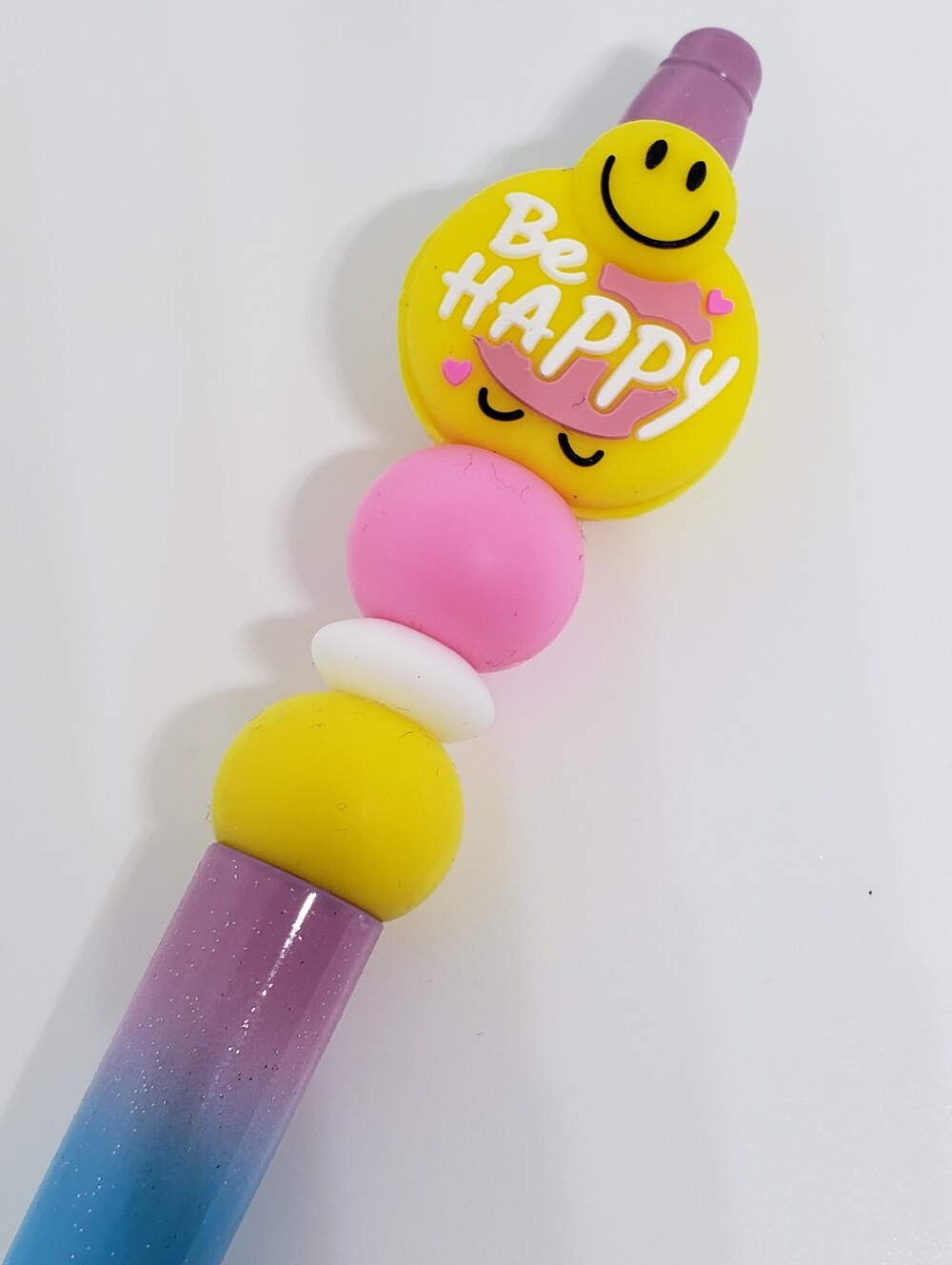 Handmade Glitter Rainbow Be Happy Smiley Face Silicone Focal Beaded Pen